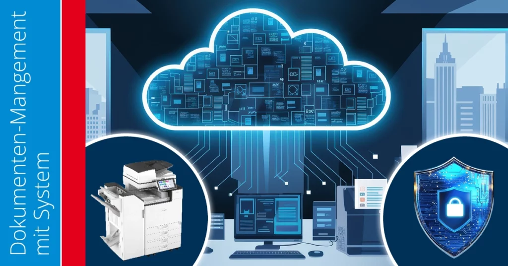 Netzwerkstruktur als Hintergrundsymbolik für digitale Vernetzung, im Vordergrund eine stilisierte Cloud als Zeichen für Cloud-Anbindung, rechts unten ein Sicherheitsschild für Datenschutz und IT-Sicherheit, links unten ein moderner Multifunktionsdrucker der Marke Ricoh als zentrale Schnittstelle für effizientes, sicheres und digital vernetztes Dokumentenmanagement im Unternehmen.