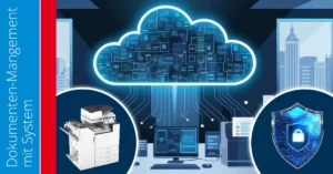 Netzwerkstruktur als Hintergrundsymbolik für digitale Vernetzung, im Vordergrund eine stilisierte Cloud als Zeichen für Cloud-Anbindung, rechts unten ein Sicherheitsschild für Datenschutz und IT-Sicherheit, links unten ein moderner Multifunktionsdrucker der Marke Ricoh als zentrale Schnittstelle für effizientes, sicheres und digital vernetztes Dokumentenmanagement im Unternehmen.